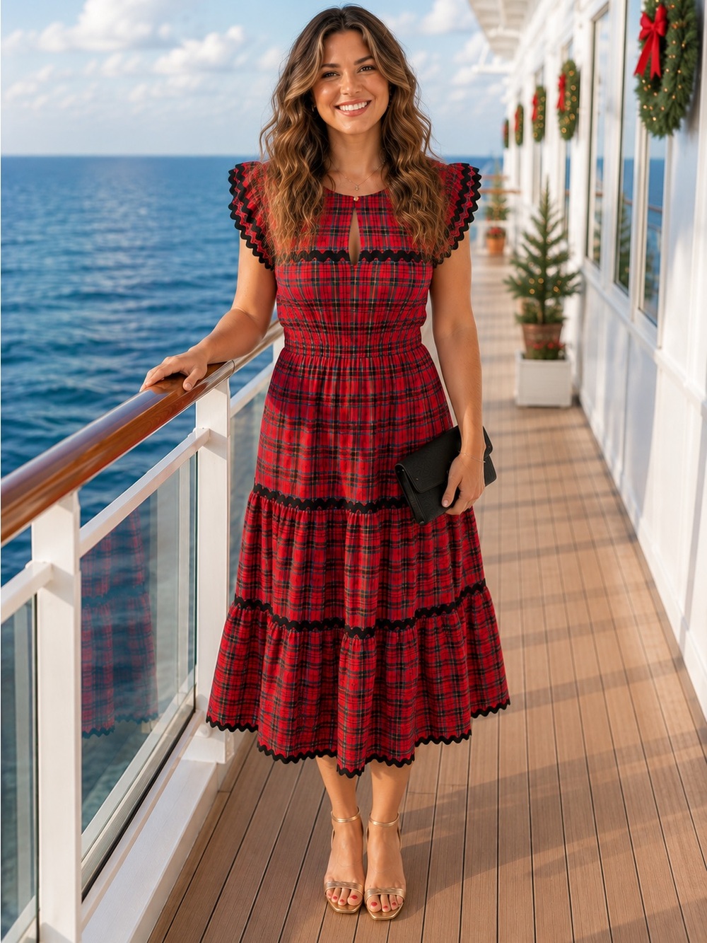 Sail to Red Plaid Cotton Ruffle Shoulder Midi Dress Ric Rac Trim Tiered M NWT